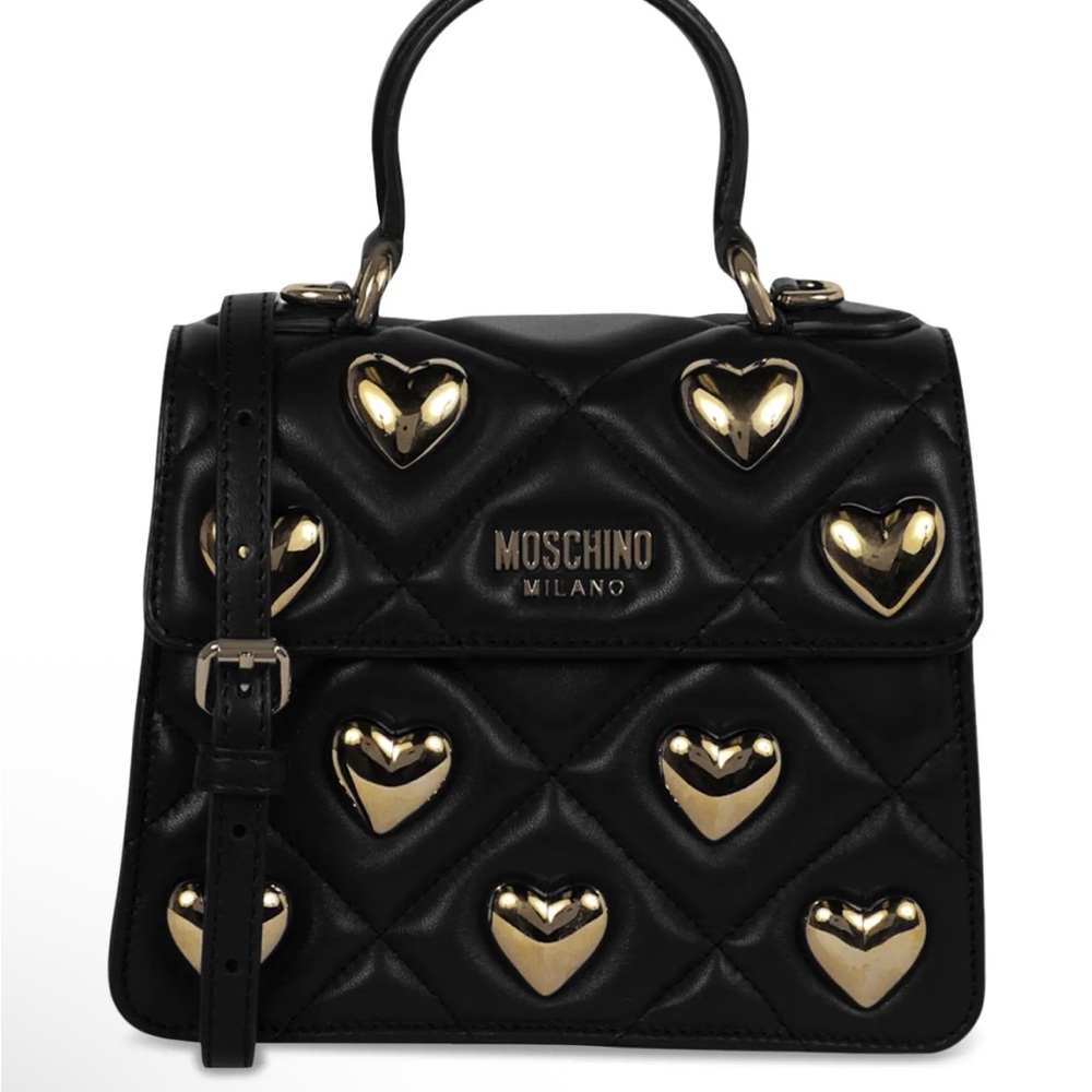 Moschino Quilted Black Satchel with Gold Hearts